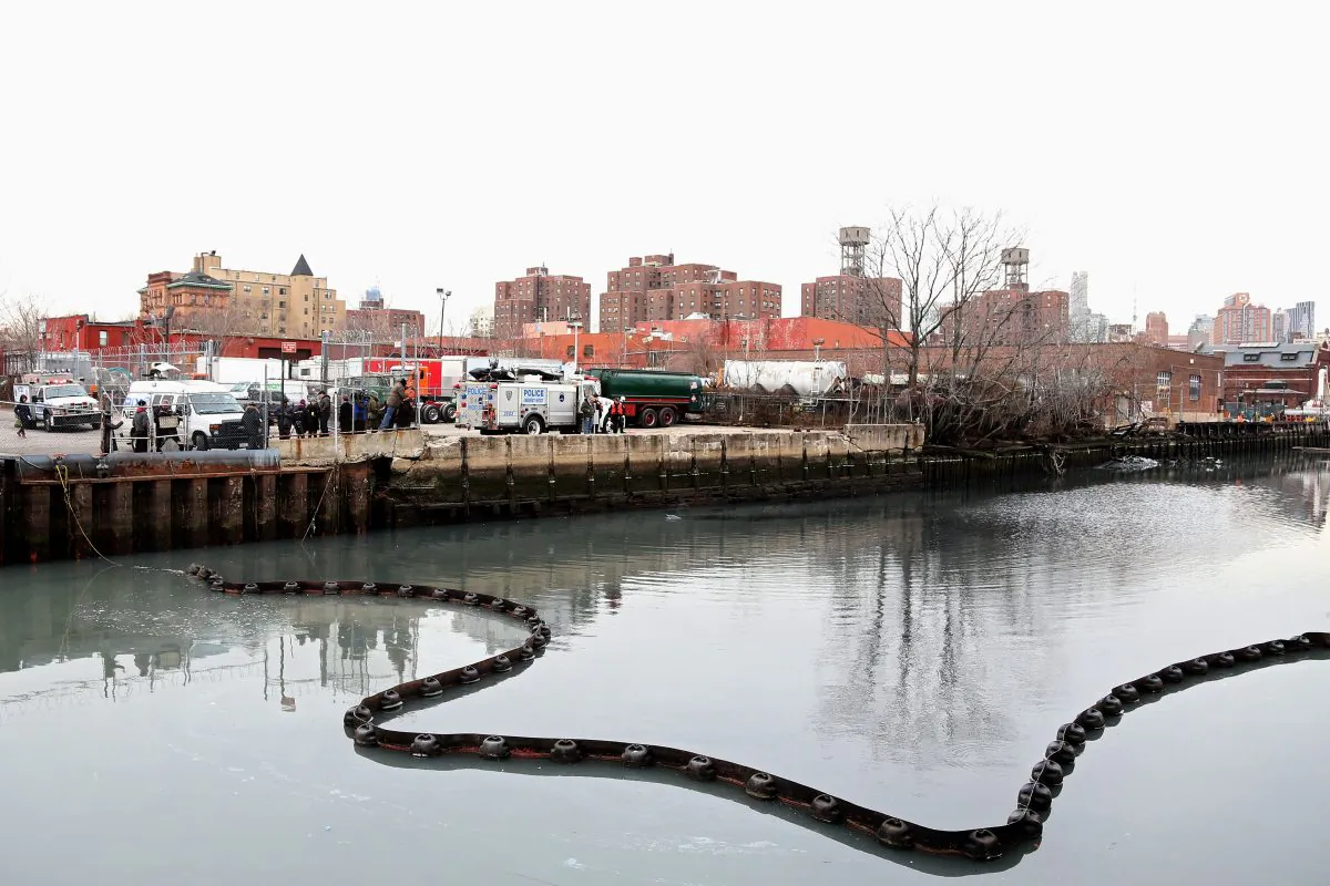 Officials stand on the side of the Gowanus Canal as a common dolphin comes up for air after getting stuck in the Brooklyn waterway, Jan. 25. (Michael Heiman/Getty Images)