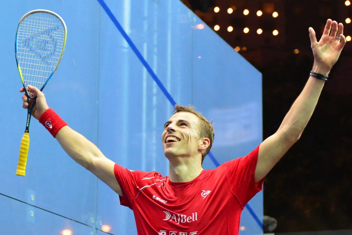 Nick Matthew of England celebrates after winning the Final of the Hong Kong Open 2103 against Spaniard Borja Golan on Sunday Dec 8, 2013. Nick Matthew won the match 11-13, 11-8, 5-11, 11-5 to take the title for the first time. (Eddie So)