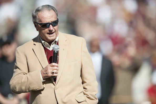 Bobby Bowden talks to a loving crowd before the pre game against the North Carolina State Wolfpack at Doak Campbell Stadiumon October 26, 2013 in Tallahassee, Florida (Photo by Jeff Gammons/Getty Images)