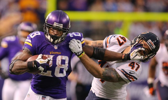 Adrian Peterson #28 of the Minnesota Vikings carries the ball for ten thousand career rushing yards against Chris Conte #47 of the Chicago Bears on December 1, 2013 at Mall of America Field at the Hubert Humphrey Metrodome in Minneapolis, Minnesota. (Photo by Adam Bettcher/Getty Images)