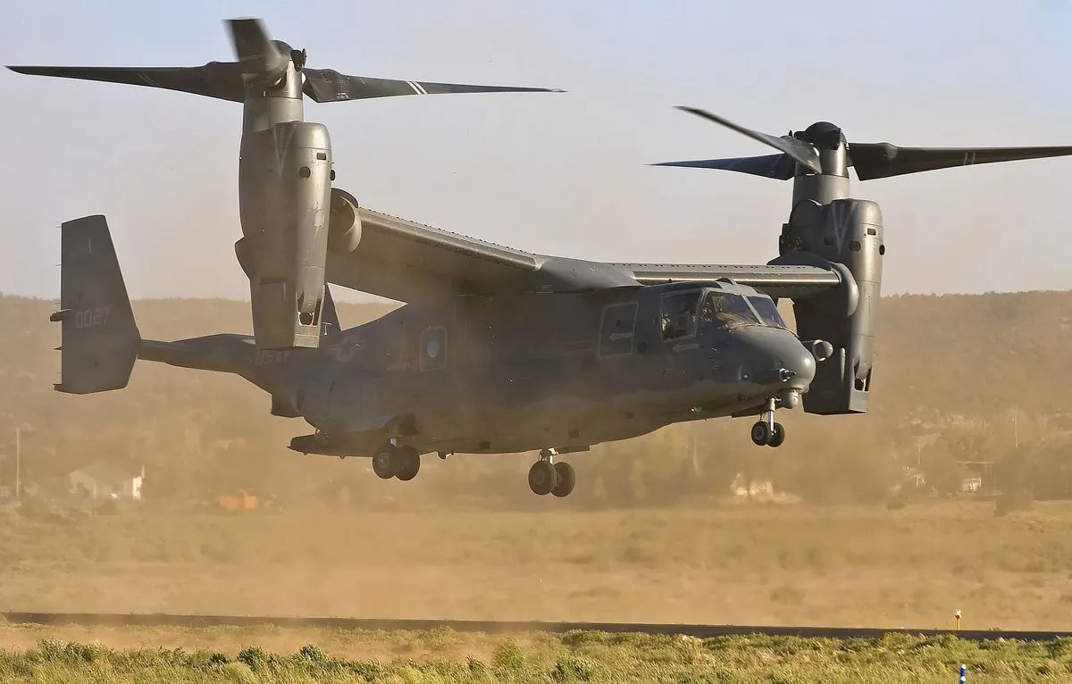 In this file photo, a CV-22 Osprey aircraft kicks up a cloud of dust as it touches down at the Grants/Milan Airport in Grants, New Mexico, on June 7, 2007. (Matt Hinshaw/AP Photo)