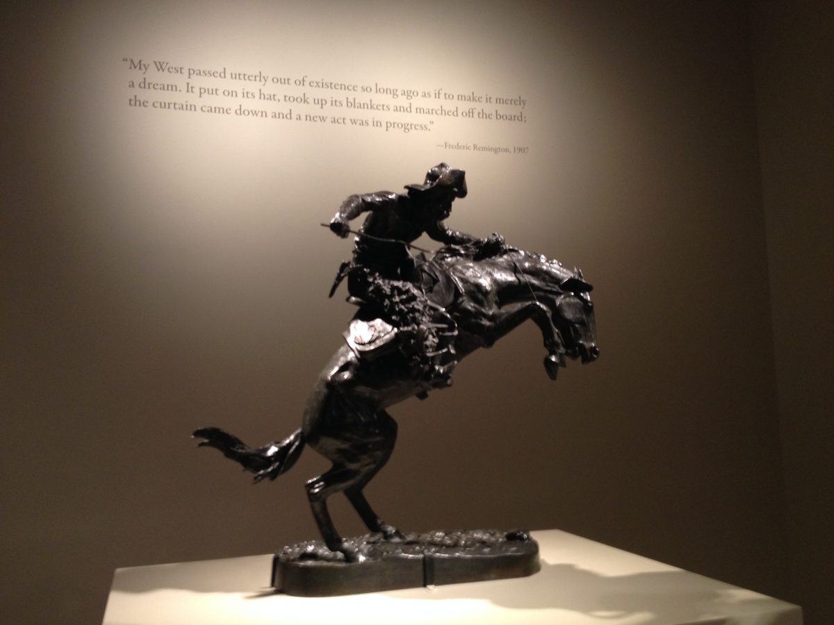 A view of "The Broncho Buster," 1895 (cast 1906), by Frederic Remington (1861–1909) at the Metropolitan Museum's exhibit, "The American West in Bronze." (Christine Lin/ Epoch Times)
