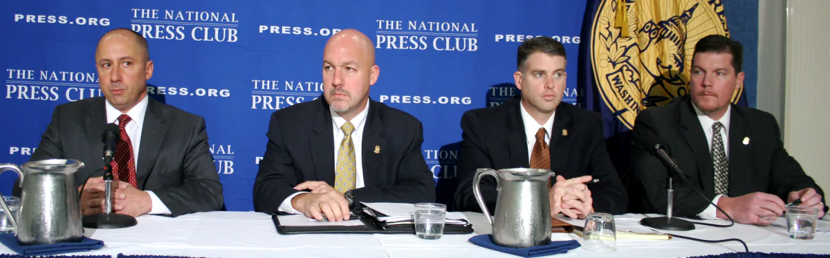 FBI agents discuss how the sequestration’s mandated budget cuts are affecting daily FBI operations and criminal and national security investigations on Dec. 4. (L-R) Reynaldo Tariche, FBI Agents Association president; Thomas O’Connor, Washington Field Office; Michael Howell, Dallas Field Office; and John Fagan, Baltimore Field Office. (Gary Feuerberg/ Epoch Times)