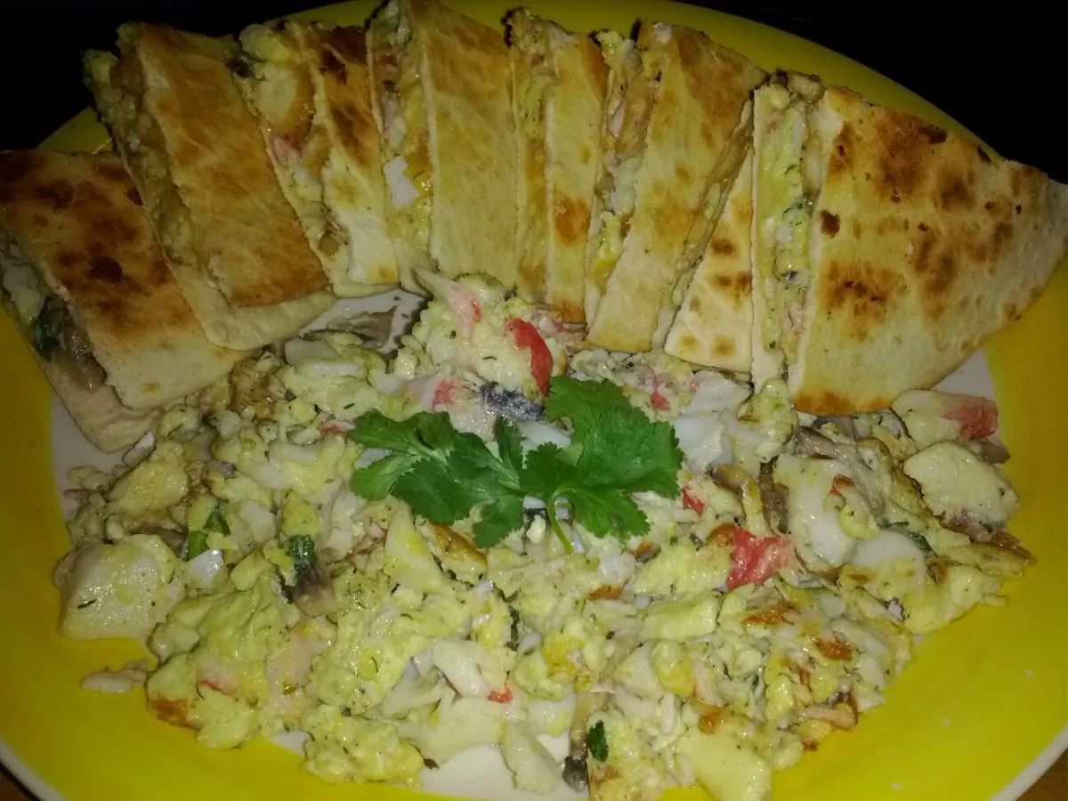 Scrambled Crab Omelet and Quesadillas (Nicole Mordeno-Kenneally/Nicole's Big Idea)