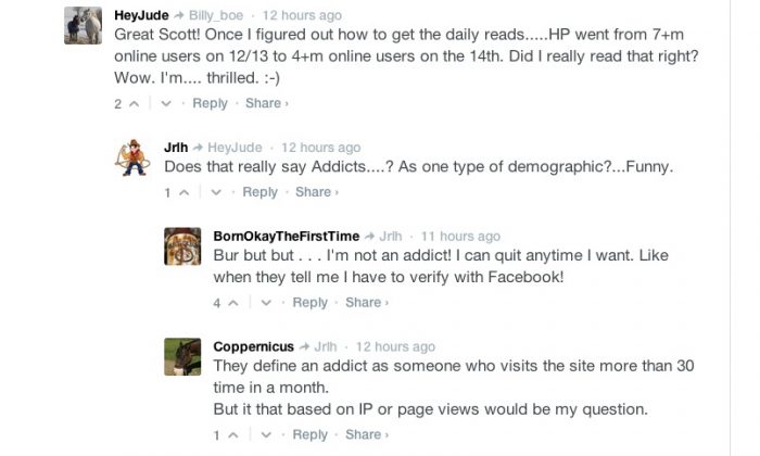 Former HuffPost users commenting on Epoch Times discuss the apparent impact the exodus of users is having on HuffPost's traffic. (Screenshot/Epoch Times)