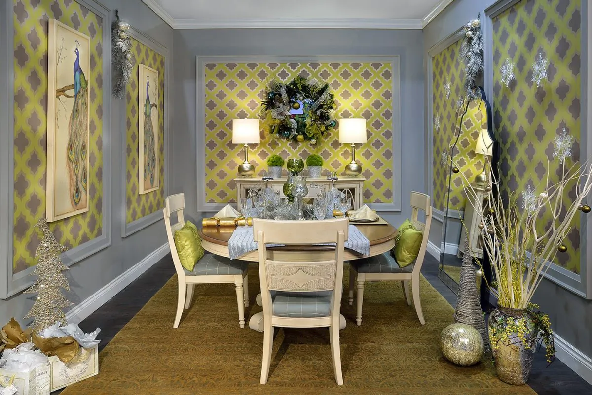  Turquoise, greens, and yellows, with a bit of silver and grey, add a touch of cool modernity to this room. (Larry Arnal)
