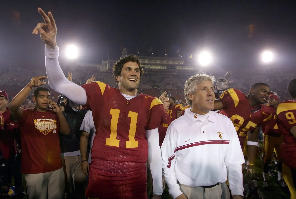 USC quarterback Matt Leinart (L) and head coach Pete Carroll (R) were quite a combination for the Trojans in winning the BCS title against Oklahoma in 2005. (Jeff Gross/Getty Images)