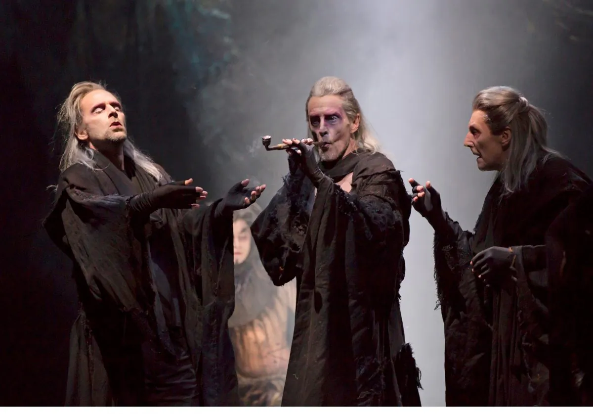 The three witches played with ferocity by three men, (L–R) Malcolm Gets, John Glover, and Byron Jennings. (T. Charles Erickson)
