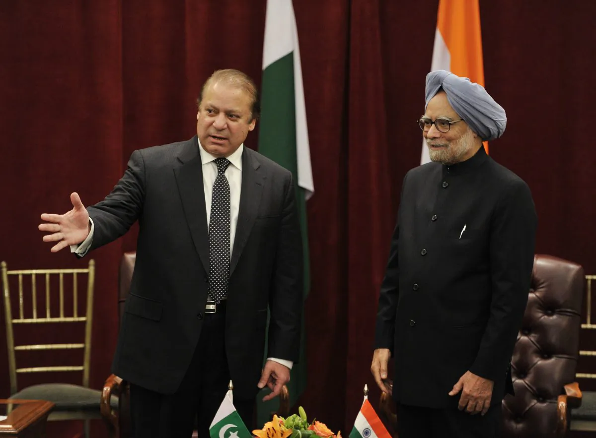 Pakistani Prime Minister Nawaz Sharif (L) introduces his delegation to his Indian counterpart Manmohan Singh during a meeting on the sidelines of the 68th Session of the United Nations General Assembly on September 29, 2013, at the New York Palace Hotel in New York. Both the Prime Minister, since Tuesday, have engaged in war of words over Kashmir issue, with Sharif expressing a dream of seeing Kashmir free from Indian occupation in his life-time. (Stan Honda/AFP/Getty Images)