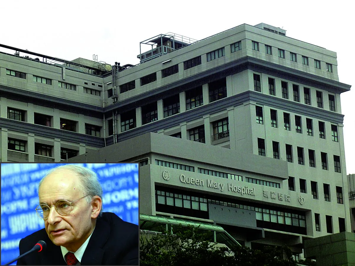This composite image shows human rights lawyer David Matas in the bottom lef-hand corner and Hong Kong's Queen Mary Hospital in the background. The hospital holds a liver transplant registry, which, if opened to the public, could provide important information about forced organ harvesting in China. (Poon Chai-Shu/Epoch Times)
