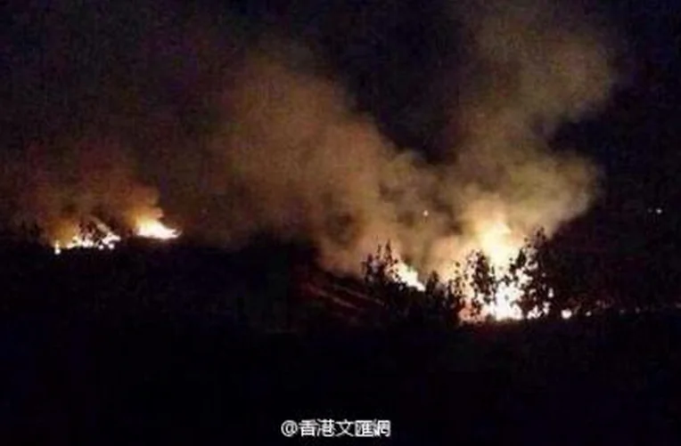 A large fire burns at the site of the air crash in Anji County of Zhejiang Province on the evening of Dec. 12. Around 7pm on Dec. 12, a military helicopter crashed in Anji County of eastern China’s Zhejiang Province, according to official Chinese reports. (Weibo.com)