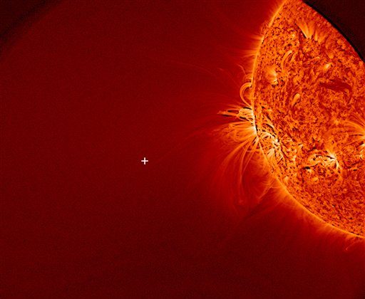 This image provided by NASA and taken by NASA's Solar Dynamics Observatory on Nov. 28, 2013, shows the sun, but no sign of comet ISON. During a meeting of the American Geophysical Union meeting on Tuesday, Dec. 10, 2013, scientists said the comet broke apart on Thanksgiving after coming close to the sun. (AP Photo/NASA)