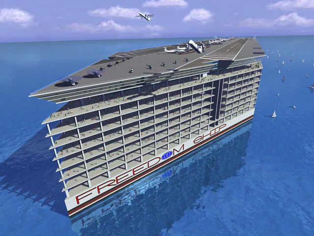 The design for the Freedom Ship, a floating city with all the amenities, including hospitals, schools, room for 100,000 people, and more. (Courtesy of Freedom Ship International)