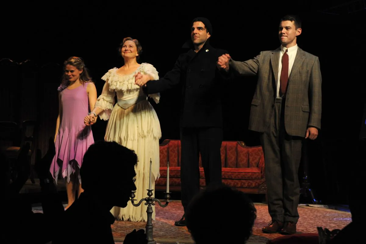 (L-R) Celia Keenan-Bolger, Cherry Jones, Zachary Quinto, and Brian J. Smith taking bows for “The Glass Menagerie” Opening Night on Broadway at Booth Theater on Sept. 26, in New York City. (Ben Gabbe/Getty Images)