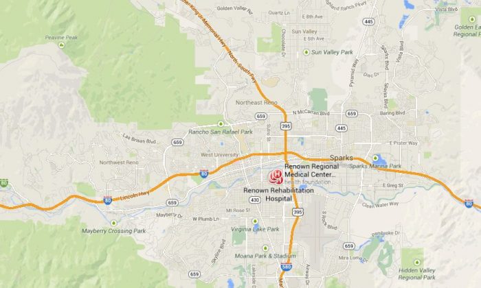 A Google Maps screenshot shows the location of the Renown Regional Medical Center in Reno, Nevada.