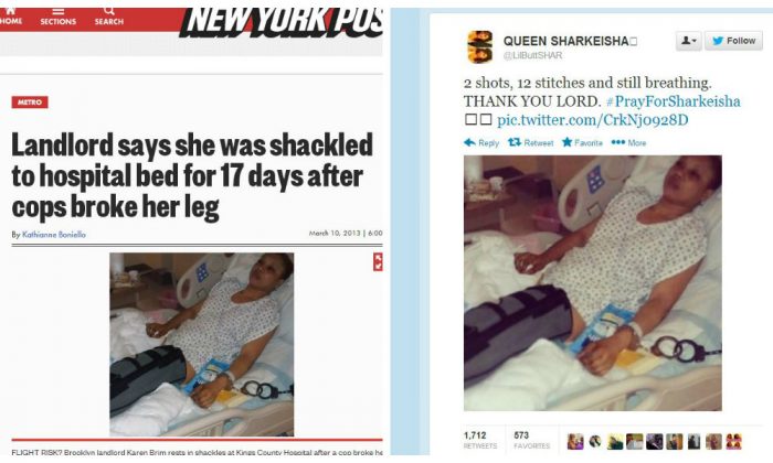 A screenshot on the left shows the New York Post article earlier shows a woman named Karen Brim who was chained to a bed for 17 days in Brooklyn. On the right, the "Queen Sharkeisha" account posted the same photo, claiming "Sharkeisha" was shot twice.