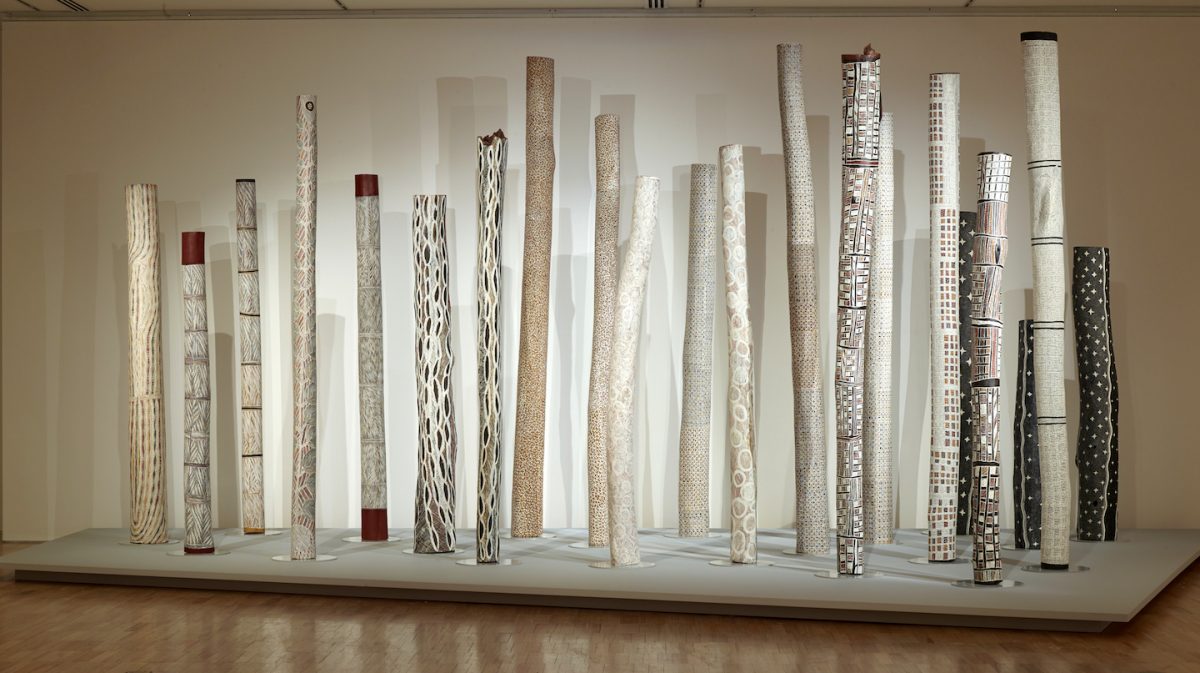 Burial poles, or larrakitj, were highly decorated and traditionally used to hold the bones of the deceased. (Shar Adams/The Epoch Times)