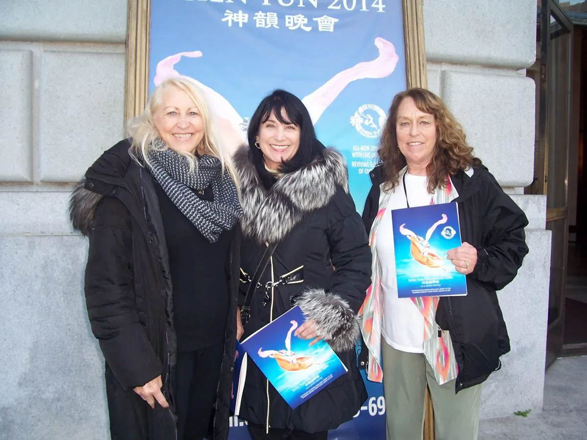 L-R) Carol Smith, Jan Coleman-Knight, and Marlene Van Vooren found "balance, harmony, and enlightenment" in Shen Yun Performing Arts at the War Memorial Opera House in San Francisco, Jan. 8. (Catherine Yang/Epoch Times)