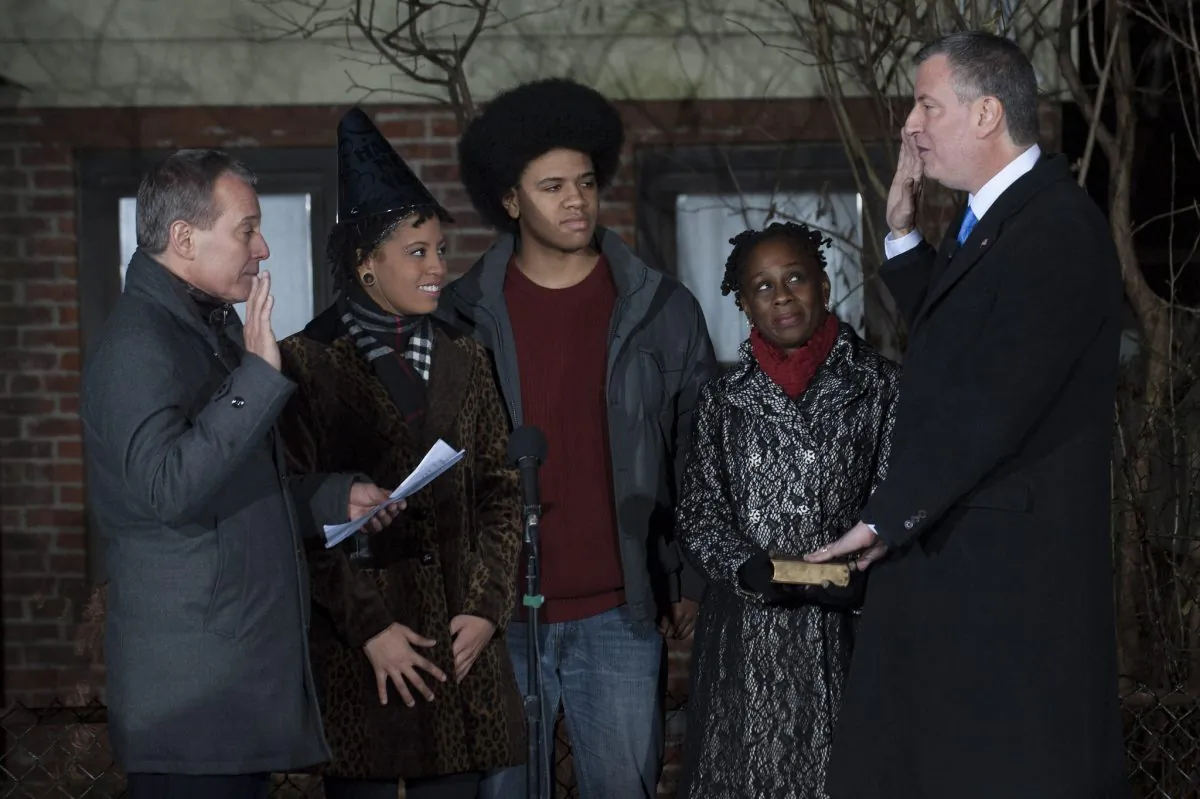 Bill de Blasio takes the oath of office from Attorney General Eric Schneiderman just after midnight on Jan. 1, 2014 in Park Slope Brooklyn. (photo courtesy the Mayor's Office)