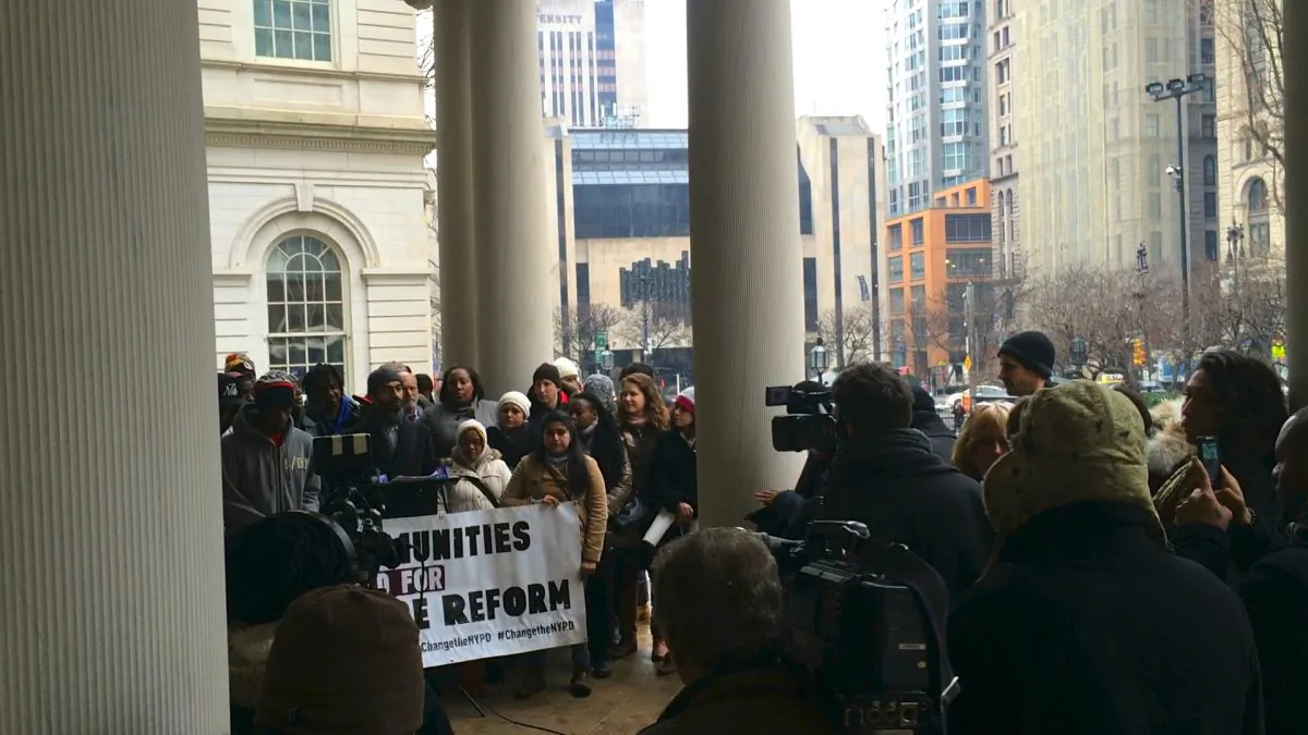 Speakers call on the Police Union to drop their lawsuit that aims to block the anti-stop and frisk legislation passed last August, at New York City Hall Jan. 10, 2014. (Matt Gnaizda)
