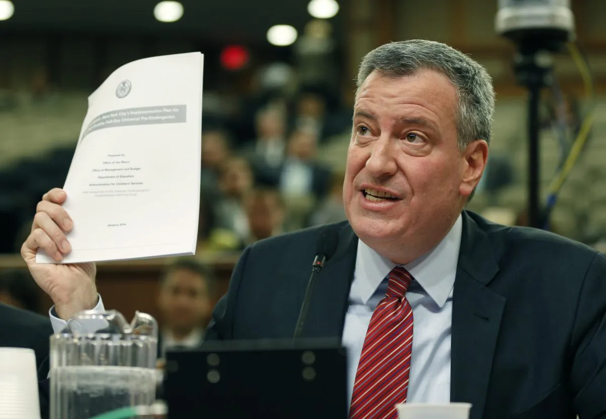 NYC Mayor Bill de Blasio testifies at a joint legislative budget hearing on local government, in Albany, N.Y., Jan. 27, 2014. (AP Photo/Mike Groll)