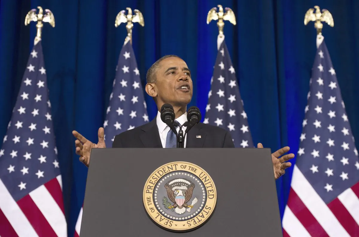 President Barack Obama speaks about the National Security Agency (NSA) and intelligence agencies surveillance techniques at the U.S. Department of Justice in Washington, DC, January 17, 2014. (Jim Watson/AFP/Getty Images)