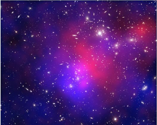 A collision between galaxy clusters dubbed “Pandora’s Cluster.” Red shows gas with temperatures of millions of degrees. Blue shows the total mass concentration, mostly dark matter. (NASA)

