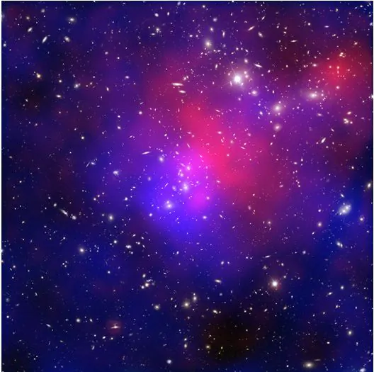 A collision between galaxy clusters dubbed “Pandora’s Cluster.” Red shows gas with temperatures of millions of degrees. Blue shows the total mass concentration, mostly dark matter. (NASA)