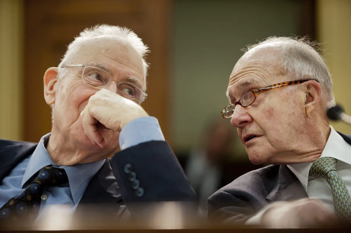 Former Rep. Lee Hamilton (D-Ind.) and retired Air Force Lt. Gen. Brent Scowcroft, co-chairmen of the Blue Ribbon Commission on America's Nuclear Future, in Washington, D.C., on Feb. 1, 2012. (Pete Marovich/Getty Images)