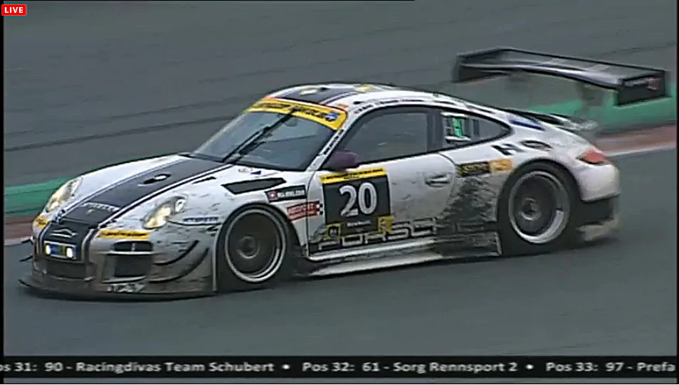 The #20 Stadler Motorsport Porsche 997 GT3 R driven by Mark and Rolf Ineichen, Marcel Matter, Adrian Amstutz, and Christian Engelhart, survived to win the Dunlop Dubai 24. (Screenshot from live.24hseries.com)