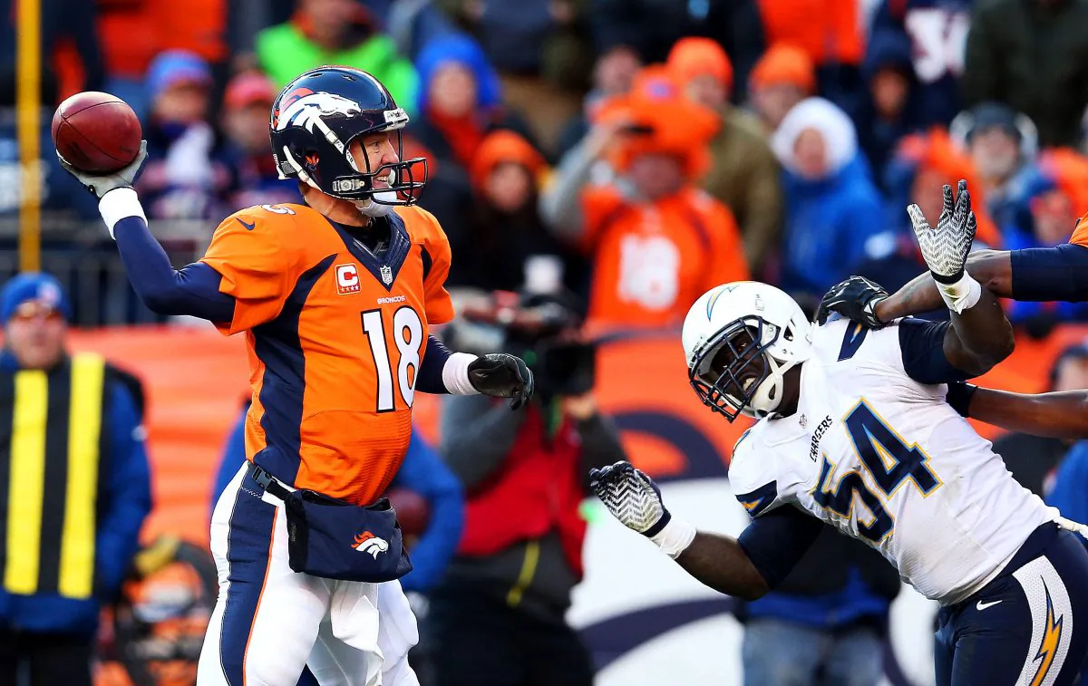 Peyton Manning #18 of the Denver Broncos looks to pass under pressure from Melvin Ingram #54 of the San Diego Chargers during the AFC Divisional Playoff Game at Sports Authority Field at Mile High on January 12, 2014 in Denver, Colorado. (Christian Petersen/Getty Images)