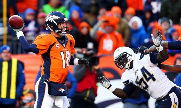 Peyton Manning #18 of the Denver Broncos looks to pass under pressure from Melvin Ingram #54 of the San Diego Chargers during the AFC Divisional Playoff Game at Sports Authority Field at Mile High on January 12, 2014 in Denver, Colorado. (Christian Petersen/Getty Images)