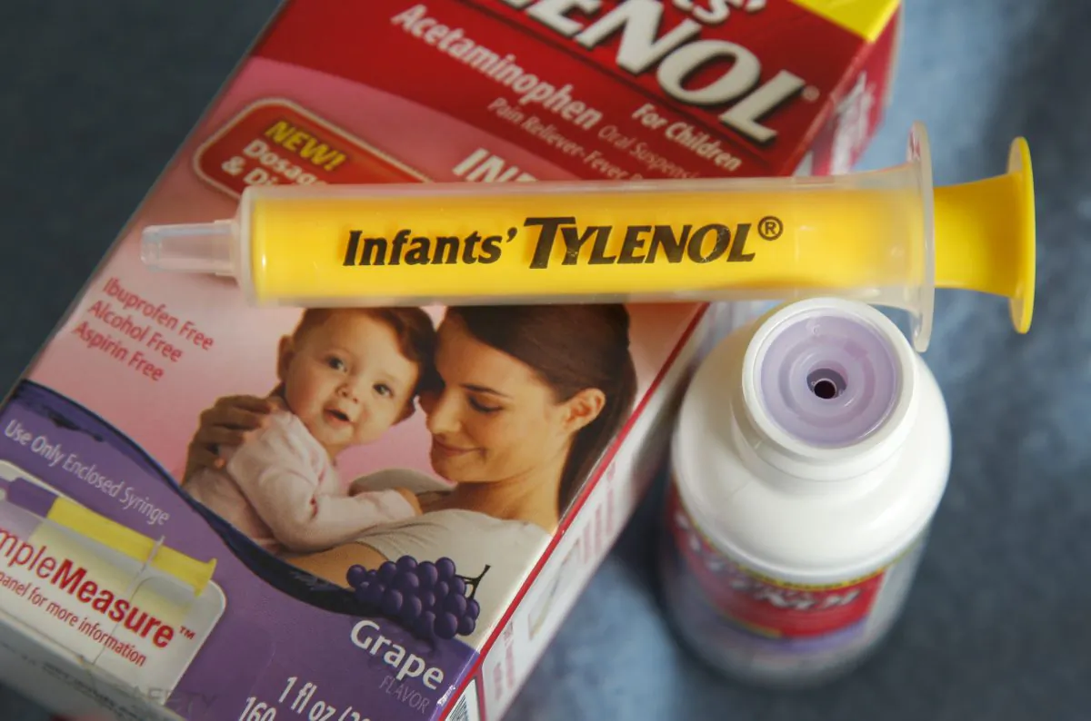 A container of grape-flavored Infants' Tylenol liquid medicine with the enclosed syringe and flow restrictor on Feb. 17, 2012. (Amy Sancetta/AP Photo)