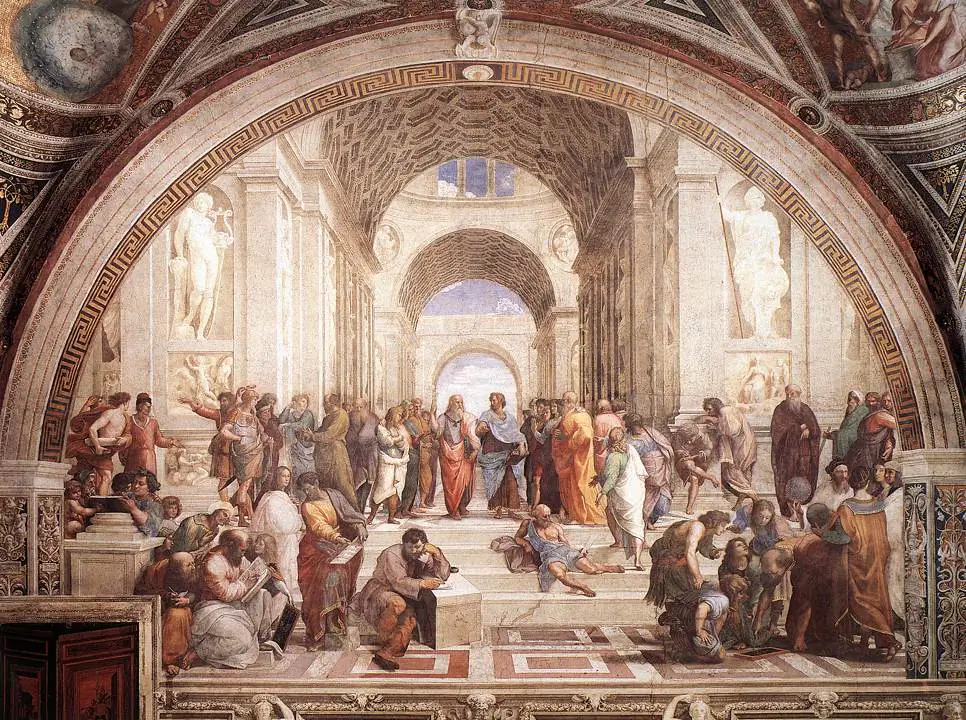 “School of Athens.” Fresco, 1509. Stanza della Segnatura, Palazzi Pontifici (Vatican, Holy See (Vatican City State) (Art Renewal Center)