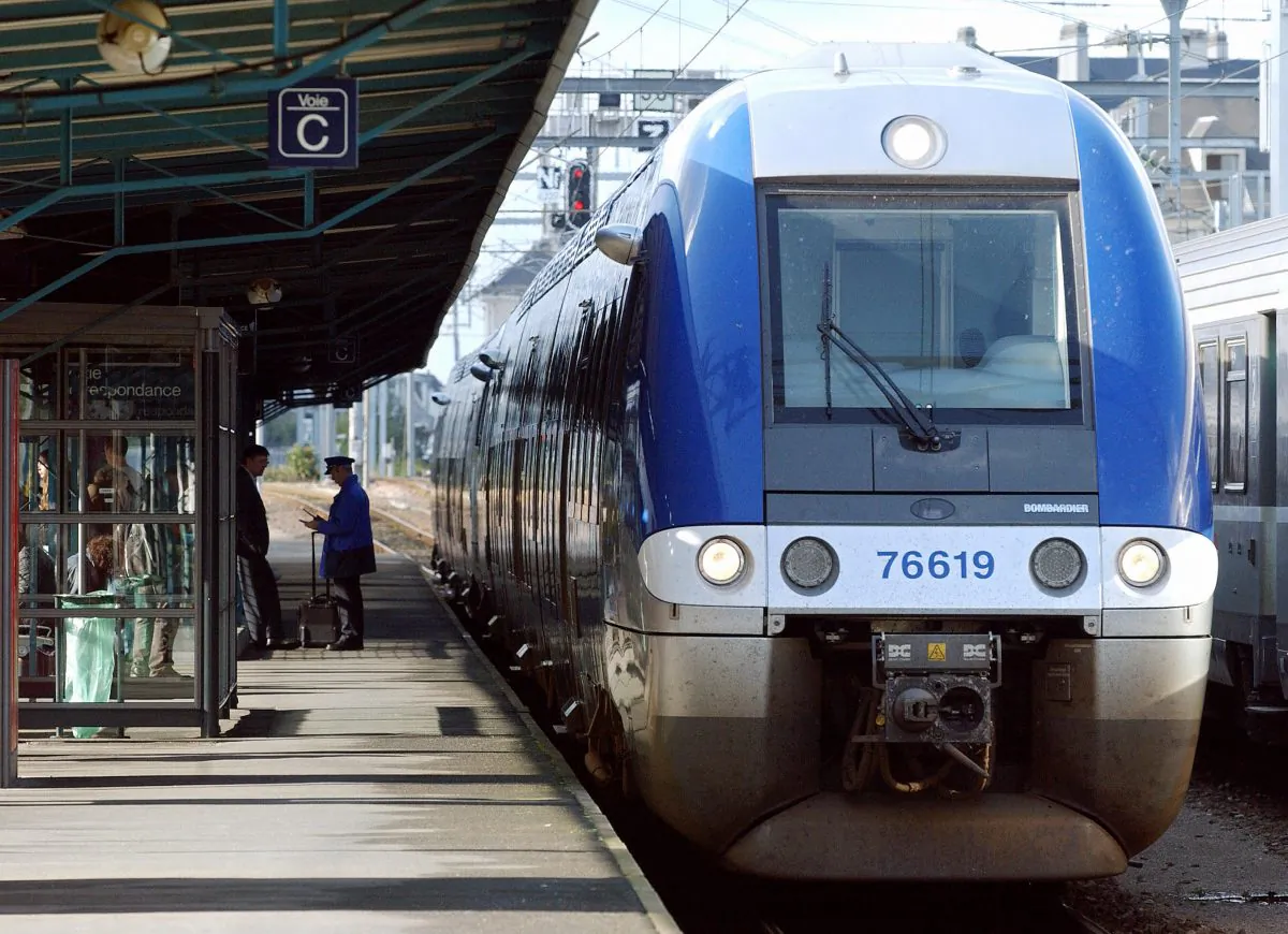 A Canadian trainmaker Bombardier train, running between the cities of Rouen and Caen in Normandy, western France, arrives at the Caen's station on Oct. 24, 2006. (Mychele Daniau/AFP/Getty Images)