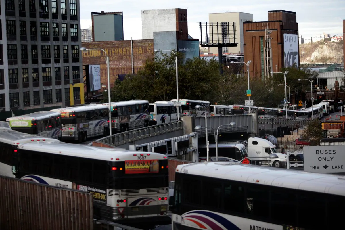 Busses drive into the Lincoln Tunnel from Port Authority Bus Terminal in New York City, Nov. 2, 2012. (Allison Joyce/Getty Images)