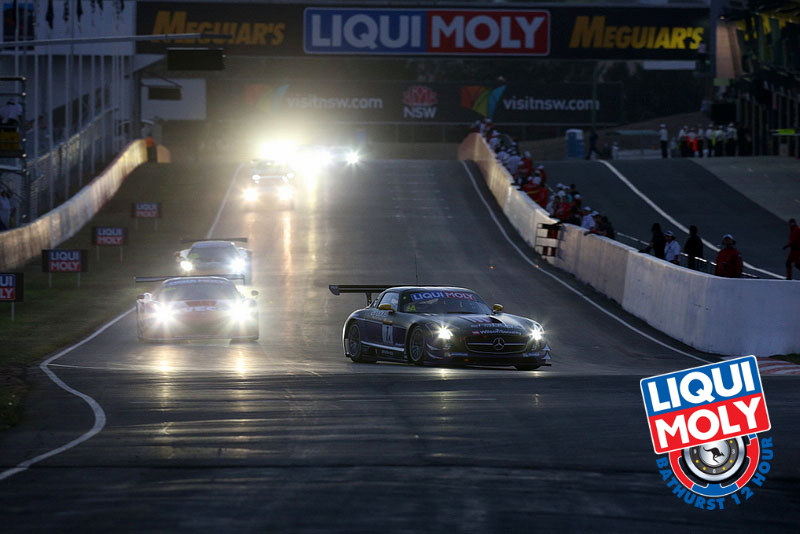 The defending champion #1 Erebus Mercedes led through the early hours but lost six laps getting its brakes fixed. (bathurst12hour.com.au) The defending champion #1 Erebus Mercedes led through the early hours but lost six laps getting its brakes fixed. (bathurst12hour.com.au)