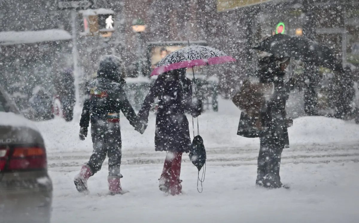 Pedestrians walk along Nostrand Avenue as snowfall blankets the area in the Flatbush section of the Brooklyn borough of New York, on Feb. 13, 2014. (AP Photo/Bebeto Matthews)