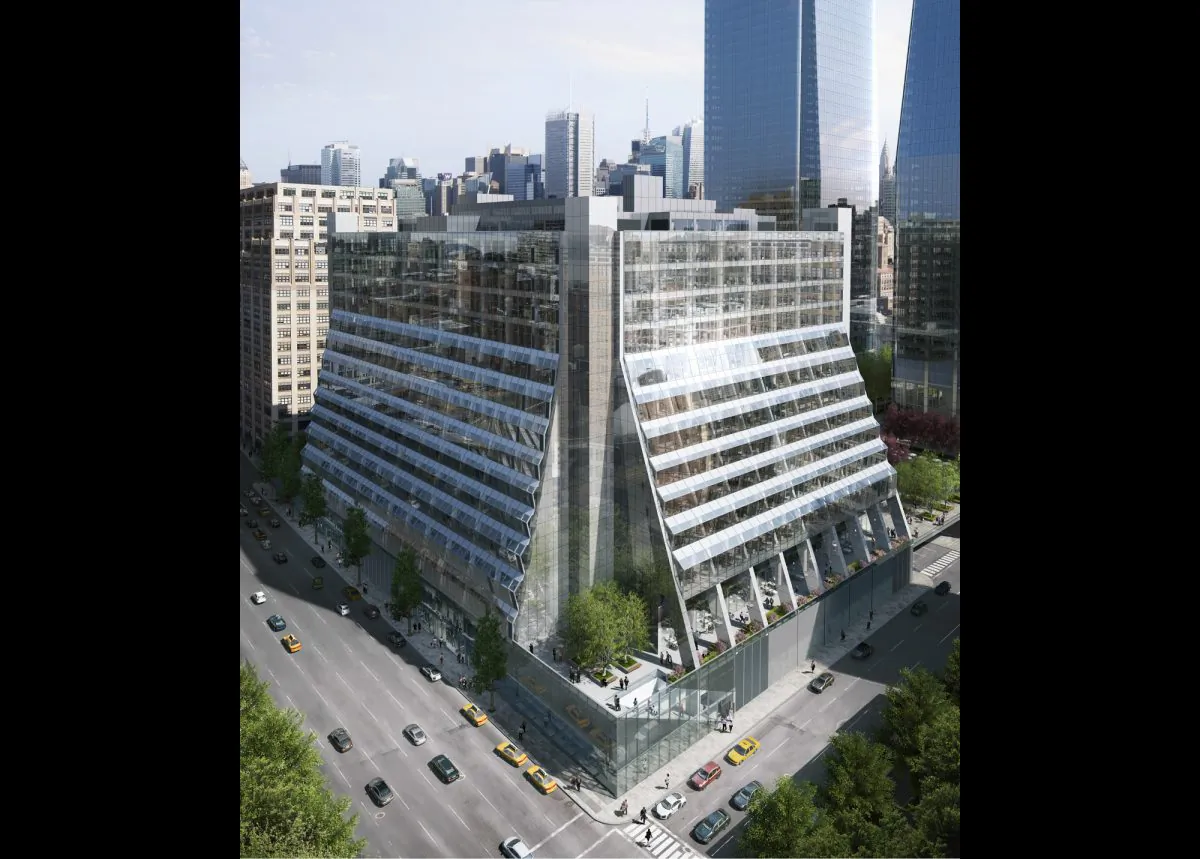 A rendering of Five Manhattan West, the redeveloped mixed-use building on 540 West 33rd Street. (REX)