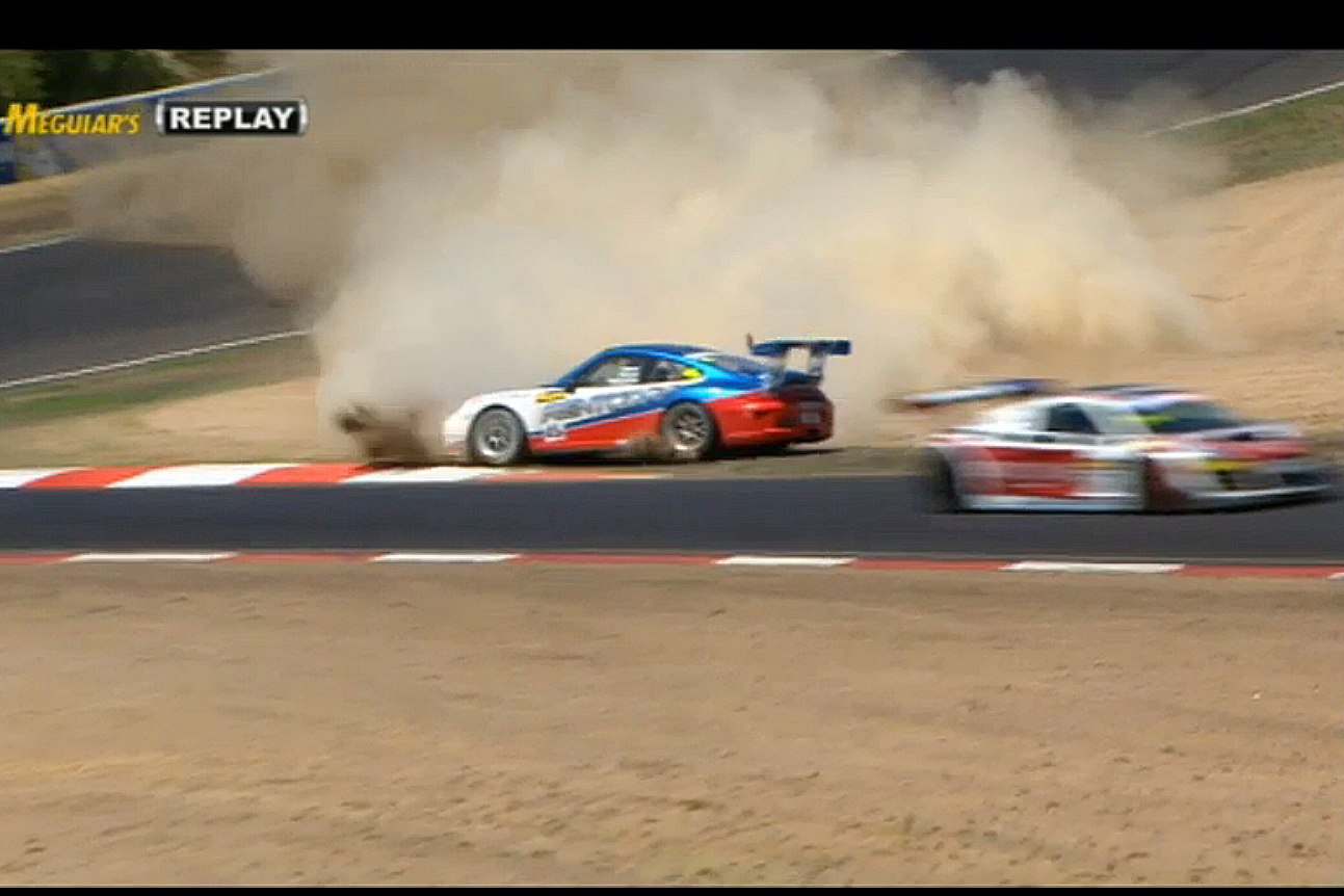 The #45B Porsche spins off track as it brakes fail. (bathurst12hour.com.au) The #45B Porsche spins off track as it brakes fail. (bathurst12hour.com.au)