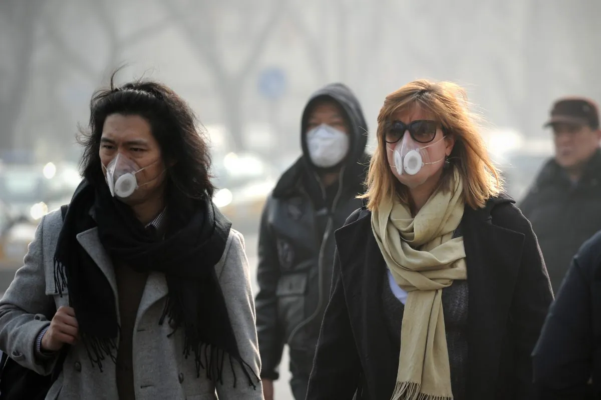People wearing face masks walk along a street in Beijing on Jan. 16, 2014. Chinese scientists have found 1,315 species of inhalable micro-organisms in the polluted air of the nation's capital city. (Wang Zhao/AFP/Getty Images)