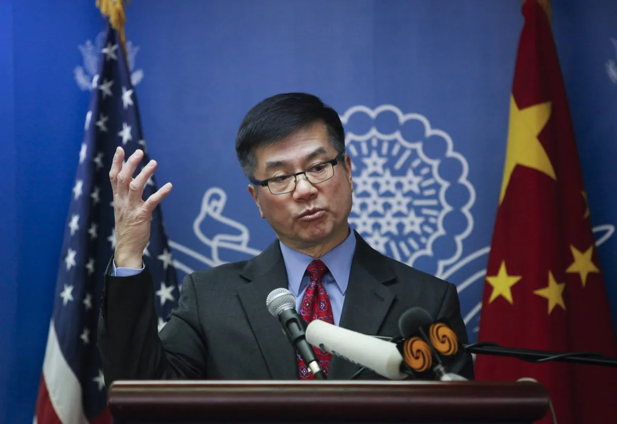 U.S. Ambassador to China Gary Locke delivers his farewell speech at the Beijing American Center on Feb. 26, 2014 in Beijing. Locke said that Clinton is strong on human rights. (ChinaFotoPress/Getty Images)