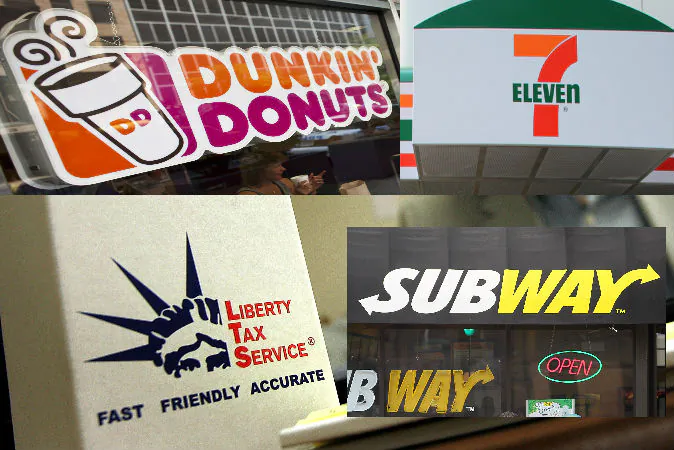 Dunkin' Donuts sign (Ramin Talaie/Getty Images); 7-Eleven sign (Shutterstock*); Liberty Tax Service pamphlet holder (Tim Boyle/Getty Images); Subway sign (Scott Olson/Getty Images)
