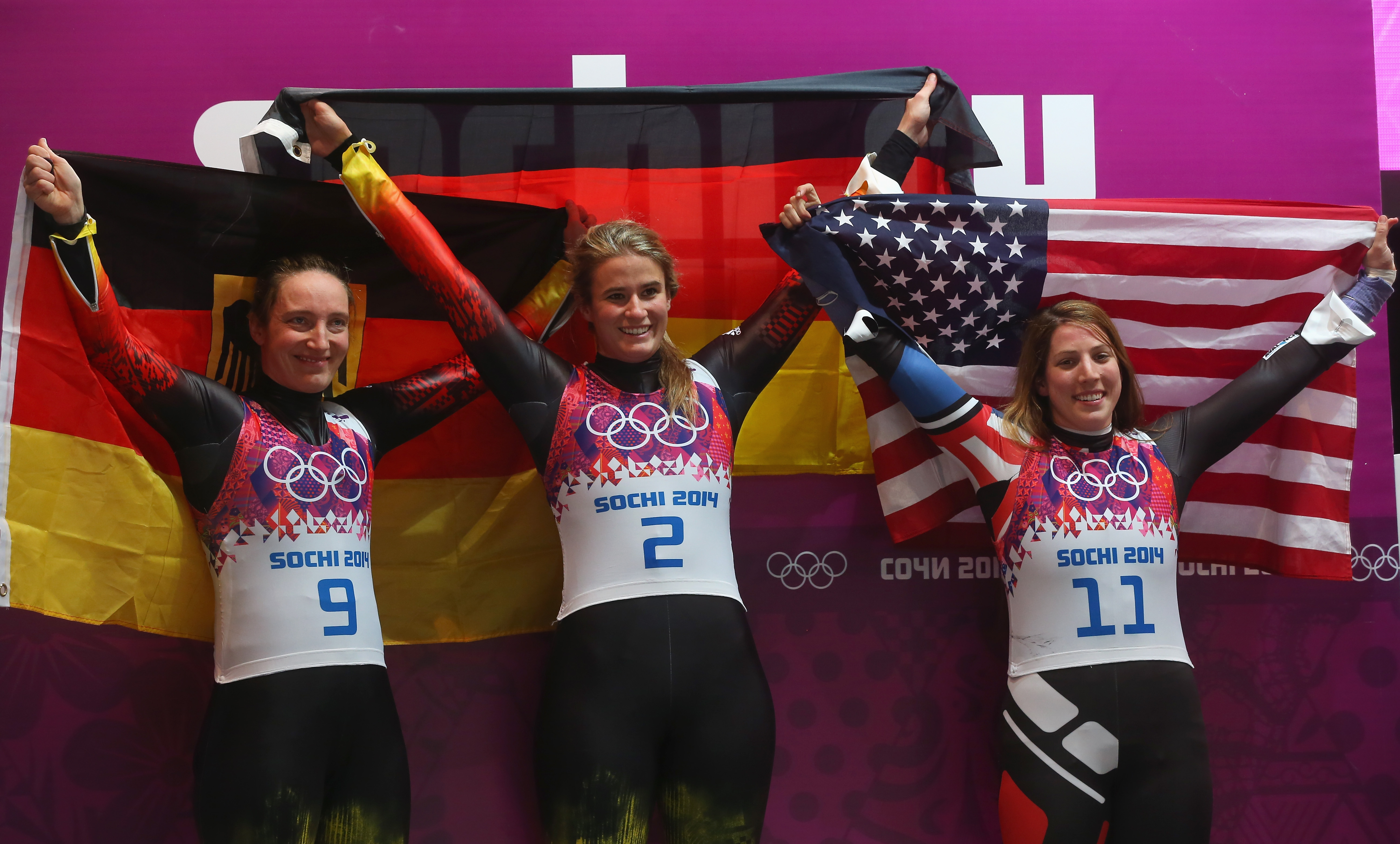 Gold medalist Natalie Geisenberger (C), silver medalist Tatjana Huefner (L) of Germany and bronze medalist Erin Hamlin of the United States celebrate after the Women's Luge Singles on Day 4 of the Sochi 2014 Winter Olympics at Sliding Center Sanki on February 11, 2014 in Sochi, Russia. (Alexander Hassenstein/Getty Images) Gold medalist Natalie Geisenberger (C), silver medalist Tatjana Huefner (L) of Germany and bronze medalist Erin Hamlin of the United States celebrate after the Women's Luge Singles on Day 4 of the Sochi 2014 Winter Olympics at Sliding Center Sanki on February 11, 2014 in Sochi, Russia. (Alexander Hassenstein/Getty Images)