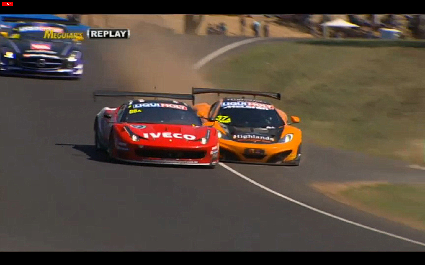 Shane Van Gisbergen in the #37 McLaren almost wrecks trying to pass Mika Salo in the #88 Maranello Ferrari. (bathurst12hour.com.au) Shane Van Gisbergen in the #37 McLaren almost wrecks trying to pass Mika Salo in the #88 Maranello Ferrari. (bathurst12hour.com.au)