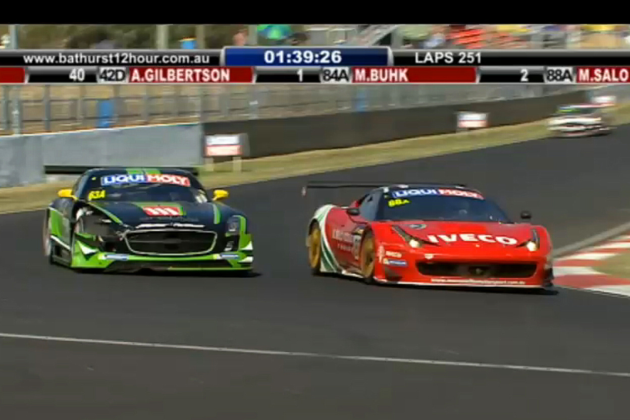 Mika Salo in the #88 Ferrari passes Greg Crick in the damaged #63 Mercedes to take second place with 1:40 left in the race. (bathurst12hour.com.au) Mika Salo in the #88 Ferrari passes Greg Crick in the damaged #63 Mercedes to take second place with 1:40 left in the race. (bathurst12hour.com.au)