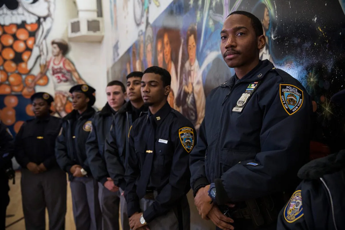 New York City Police Department Explorers attend a press conference held by Mayor Bill De Blasio announcing that the city will not appeal a judge's ruling that the police tactic 'Stop-and-Frisk' is unconstitutional, on Jan. 30, 2014. (Andrew Burton/Getty Images)