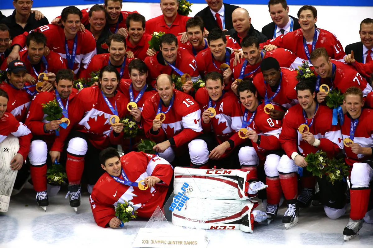 The Canadian Men’s Ice Hockey team celebrates its gold medal at the Sochi 2014 Winter Olympics in Sochi, Russia on Feb. 23, 2014.
(Streeter Lecka/Getty Images)