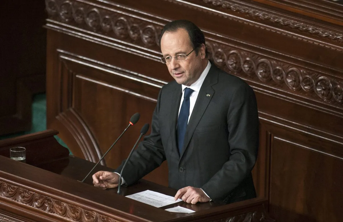 French President Francois Hollande delivers his speech at the Constituent Assembly in Tunis, Friday, Feb. 7, 2014. (AP Photo/Aimen Zine)
