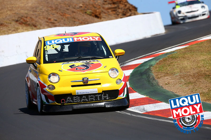 The F Class is composed of Fiat Abarth 500s—tiny cars with 1.4-liter engines which lack top speed buyt have amazing handling and braking. The #96 Fiat Abarth Motorsport Abarth 500 led the class with four hours to go. (bathurst12hour.com.au) The F Class is composed of Fiat Abarth 500s—tiny cars with 1.4-liter engines which lack top speed buyt have amazing handling and braking. The #96 Fiat Abarth Motorsport Abarth 500 led the class with four hours to go. (bathurst12hour.com.au)